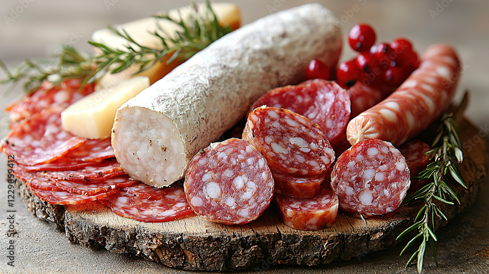 Various cured meats and cheeses arranged on a wooden board for a festive gathering or charcuterie spread. Generative AI Various cured meats and cheeses arranged on a wooden board for a festive gathering or charcuterie spread. Generative AI
