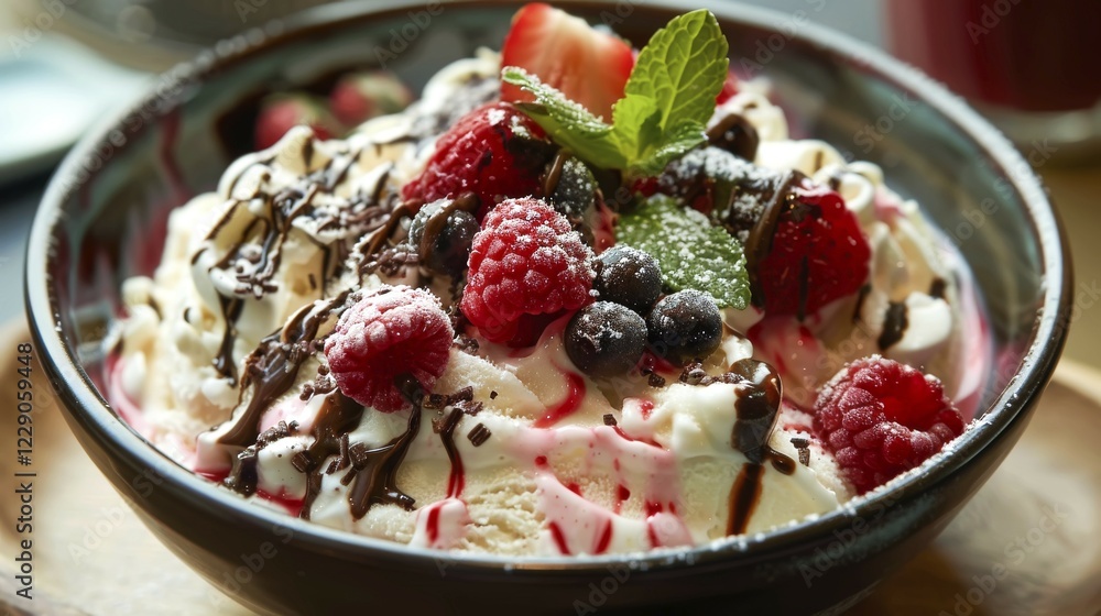 Indulgent sundae with berries, drizzled chocolate sauce, and whipped cream, ai generated, AI generated Indulgent sundae with berries, drizzled chocolate sauce, and whipped cream, ai generated, AI generated