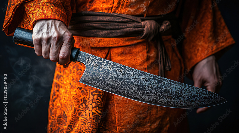 Fototapeta premium Artisan chef holds a handcrafted Damascus steel knife while wearing a vibrant orange traditional robe in a dark setting. Generative AI