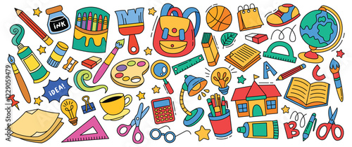 Back to school doodle set and element vector collection