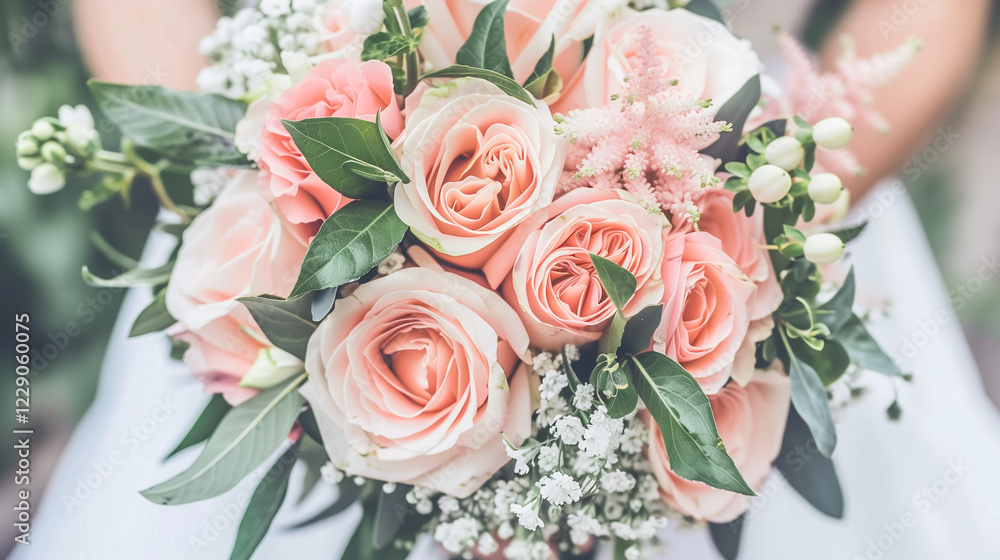 Fototapeta premium A close-up of a beautiful bouquet featuring soft pink roses, white flowers, and greenery. The bouquet is held by a person, showcasing the delicate arrangement of flowers against a blurred background.