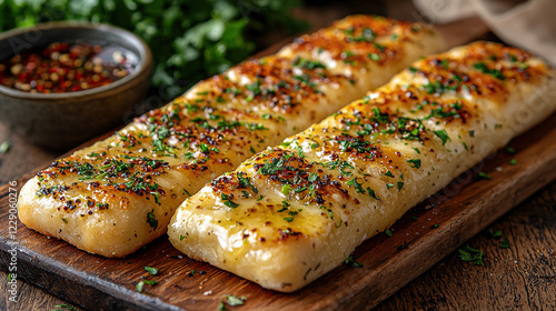 Soft garlic bread sticks with melted butter and parsley, baked to golden perfection with a minimalistic background and clean food styling
