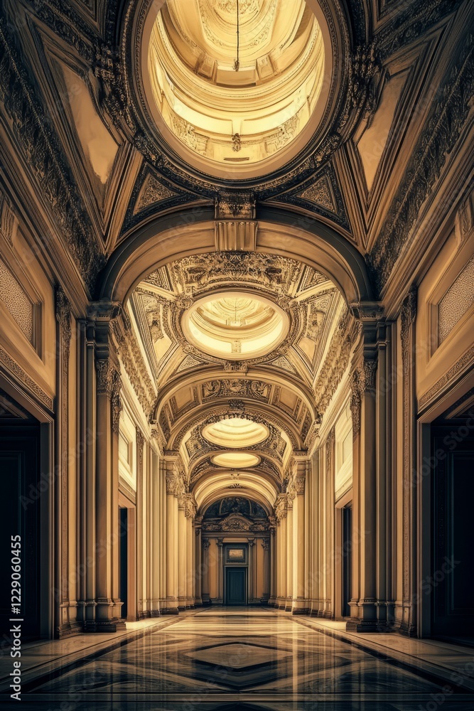 A stunning view of a lavish baroque hallway featuring intricate ceiling designs and elegant arches, showcasing historical architectural grandeur. A stunning view of a lavish baroque hallway featuring intricate ceiling designs and elegant arches, showcasing historical architectural grandeur.