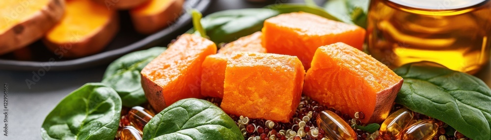 Close-up of a vibrant, nutrient-packed salad featuring quinoa, roasted sweet potatoes, and fresh spinach, complemented by a side of essential vitamin supplements This healthy and delicious meal is Close-up of a vibrant, nutrient-packed salad featuring quinoa, roasted sweet potatoes, and fresh spinach, complemented by a side of essential vitamin supplements This healthy and delicious meal is
