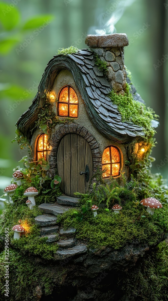 Fototapeta premium Fairy tale-inspired miniature house with a rounded door, whimsical curved roof, and tiny glowing windows, nestled within a bed of moss and surrounded by tiny mushrooms and sparkling fairy lights.