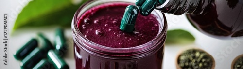 Close-up of a vibrant, colorful aai smoothie being poured into a glass jar, showcasing its rich texture and deep purple hue Nearby are spirulina capsules, a potent superfood supplement, and an photo