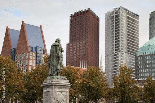 Het Plein, the Square, with the statue of William of Orange, skyscrapers at the back, The Hague, Holland, The Netherlands, Europe photo