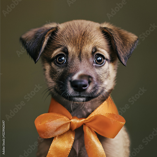 a brown puppy with an orange ribbon tied around its photo