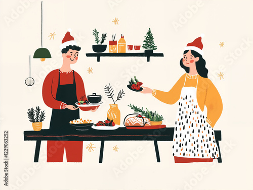 an illustration of a couple preparing food for christmas