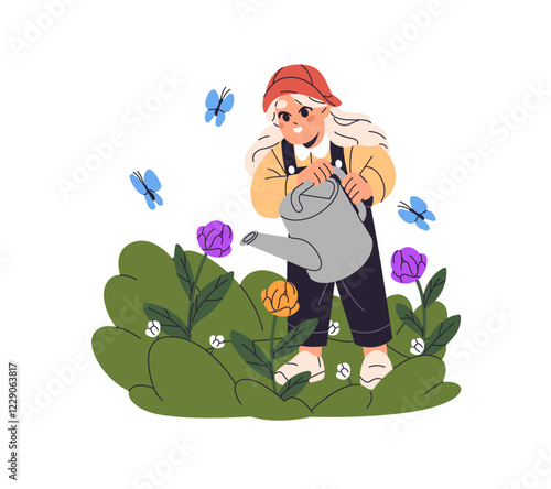 Cute little girl takes care about blossom plants, landscaping. Baby farmer watering flowers with can. Happy kid works in garden in summer. Flat isolated vector illustration on white background