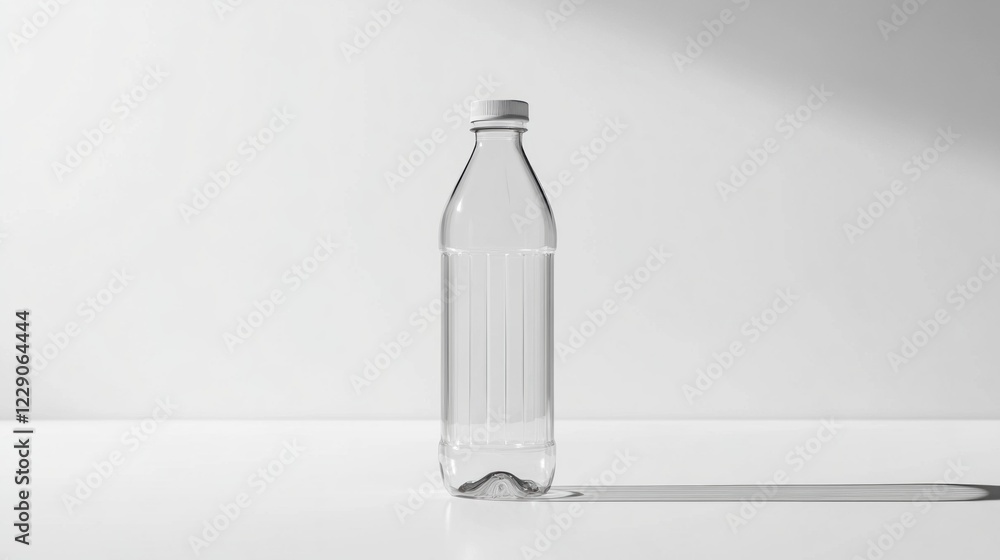 A minimalist studio shot of a transparent plastic bottle with a white cap casting a shadow on a white surface A minimalist studio shot of a transparent plastic bottle with a white cap casting a shadow on a white surface