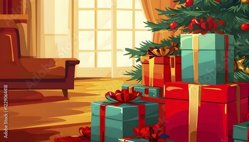 Abstract illustration of wrapped Christmas gifts, shiny ribbons and bows, stacked under a evergreen tree in a cozy living room, AI generated