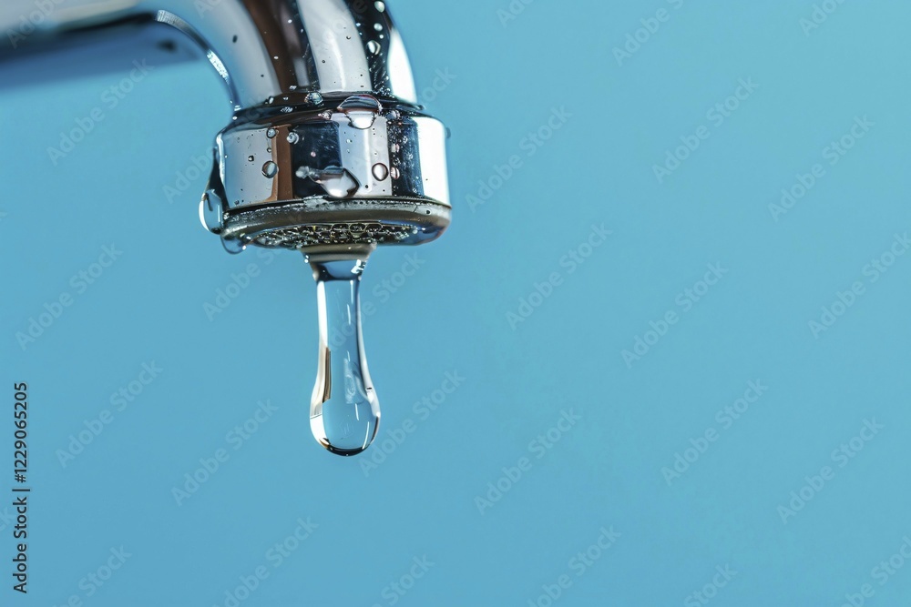 Single drop of water coming out of water tap on blue background. KI generiert, generiert, AI generated