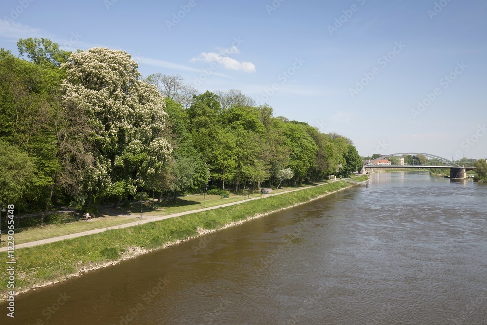 Promenade along River Weser, Minden, North Rhine-Westphalia, Germany, Europe Promenade along River Weser, Minden, North Rhine-Westphalia, Germany, Europe