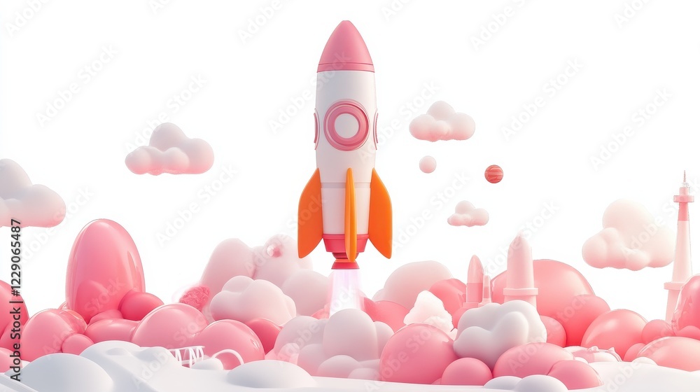 3D cartoon rocket launch in space Business startup and business growth concept, isolated on white background 3D cartoon rocket launch in space Business startup and business growth concept, isolated on white background