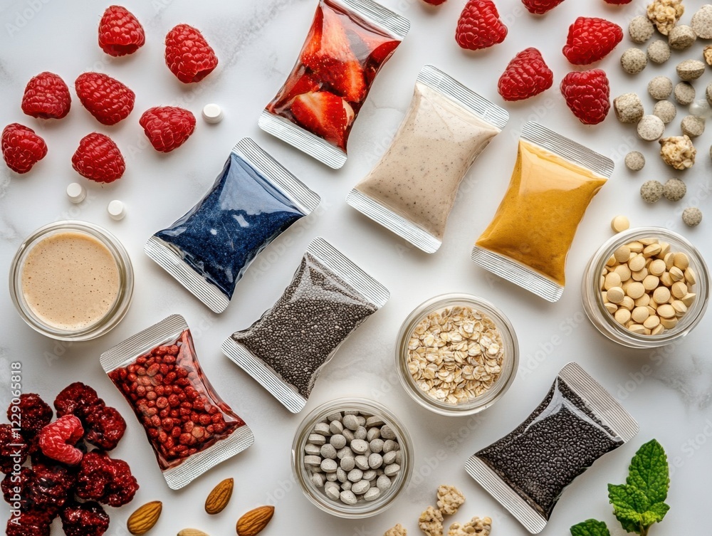 Overhead shot of a vibrant breakfast table showcasing a nutritious and delicious spread individual multivitamin packs, refreshing smoothies in glass jars, and energy-boosting superfood bites This Overhead shot of a vibrant breakfast table showcasing a nutritious and delicious spread individual multivitamin packs, refreshing smoothies in glass jars, and energy-boosting superfood bites This