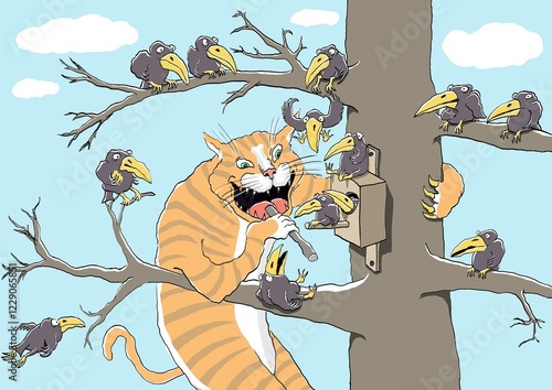 The cat tries to catch the bird by opening his mouth and holding a stick in his paw. He imitates a birdhouse and thinks that the stupid bird will get tangled and fly straight into his mouth.