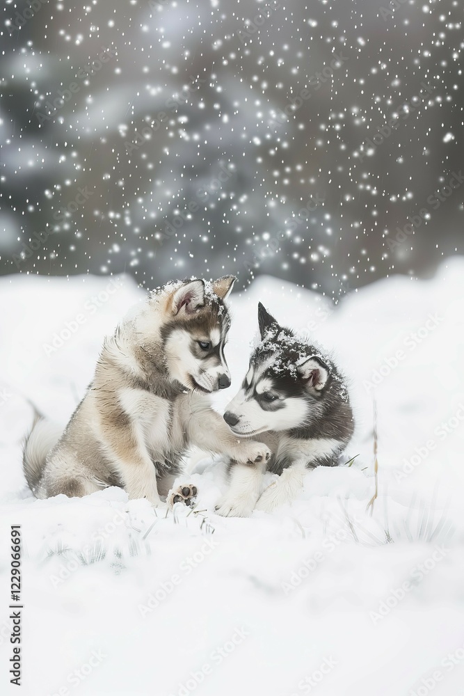Two cute Alaskan Husky pups playing in snow, AI generated Two cute Alaskan Husky pups playing in snow, AI generated