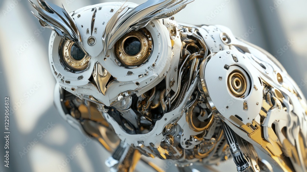 Fototapeta premium Close-up of a robotic owl with intricate metallic details.