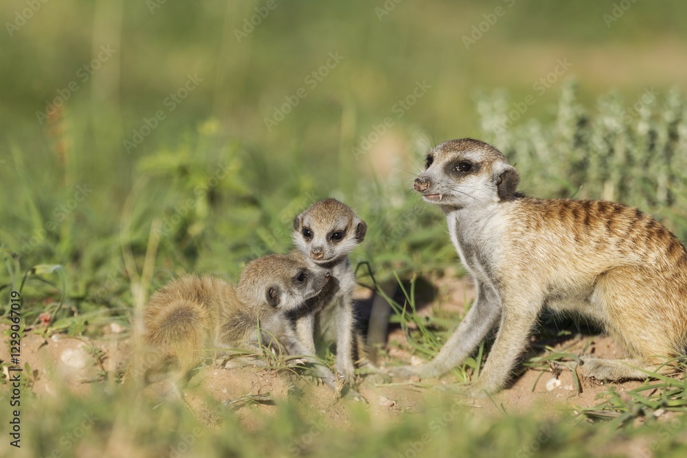 Fototapeta premium Suricates (Suricata suricatta), female with two young at their burrow, during the rainy season in green surroundings, Kalahari Desert, Kgalagadi Transfrontier Park, South Africa, Africa