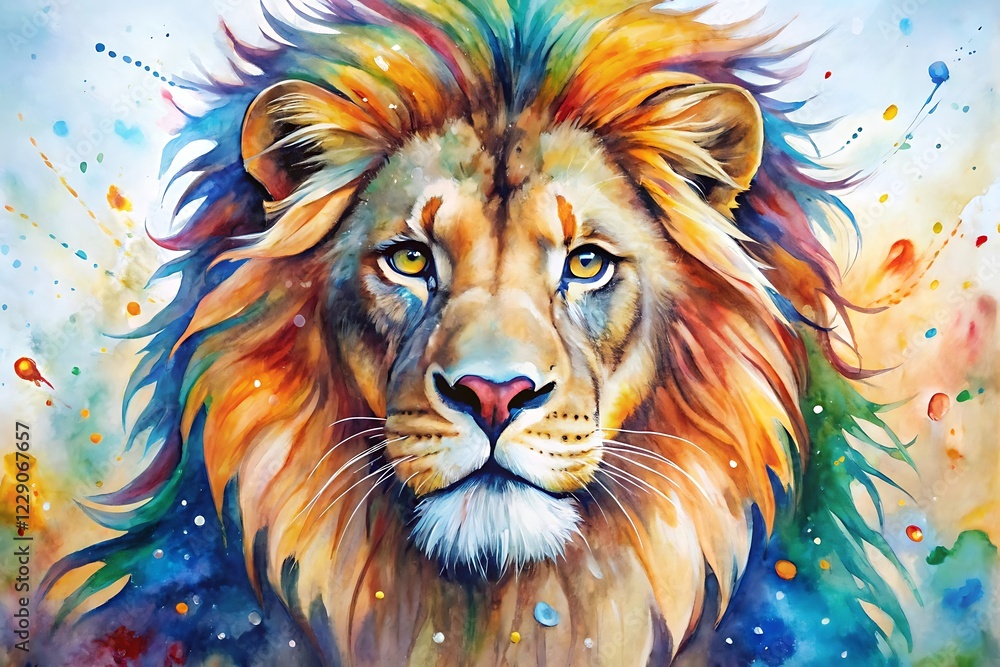 Fototapeta premium Colorful lion with a yellow nose