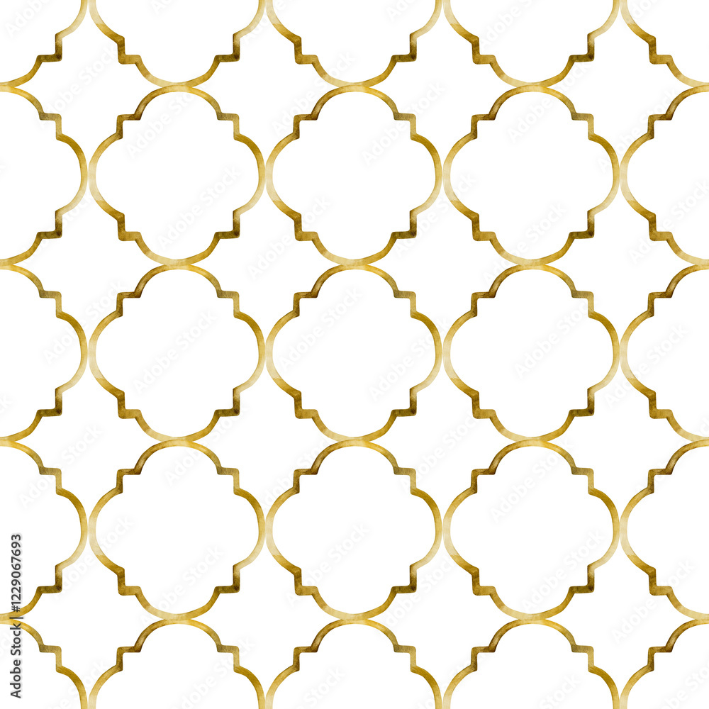 Islamic golden ornament seamless pattern. Arabesque, Ottoman, Oriental watercolor hand painted isolated illustration Islamic golden ornament seamless pattern. Arabesque, Ottoman, Oriental watercolor hand painted isolated illustration