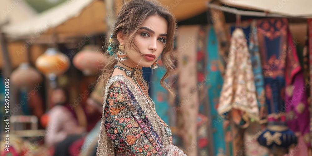 Obraz premium young indian woman standing at street market