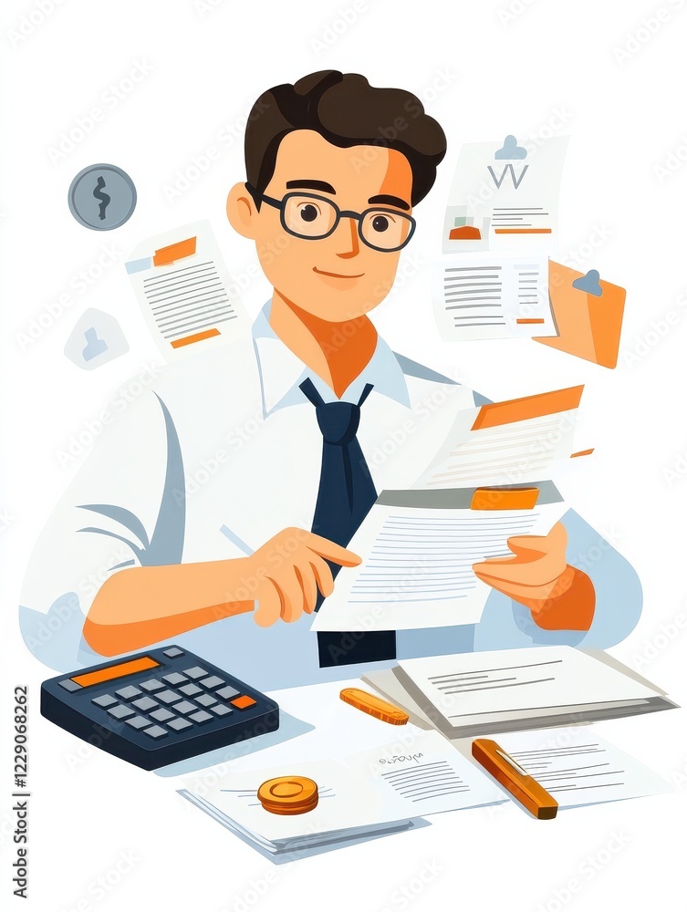 Finance, accountant with calculator and documents, flat design illustration Finance, accountant with calculator and documents, flat design illustration