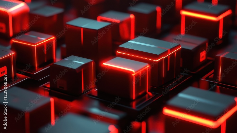 Abstract digital rendering of boxes with red neon lights, representing online shopping and fast delivery. Abstract digital rendering of boxes with red neon lights, representing online shopping and fast delivery.