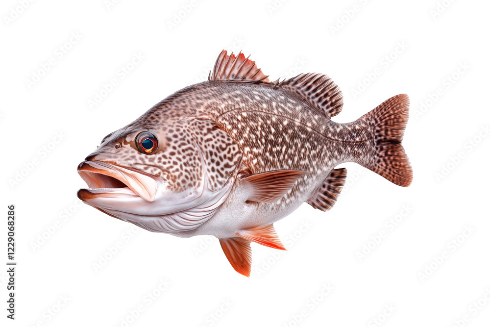 Grouper fish with white spots and intricate fin details isolated on white transparent background, concept of aquatic wildlife Grouper fish with white spots and intricate fin details isolated on white transparent background, concept of aquatic wildlife
