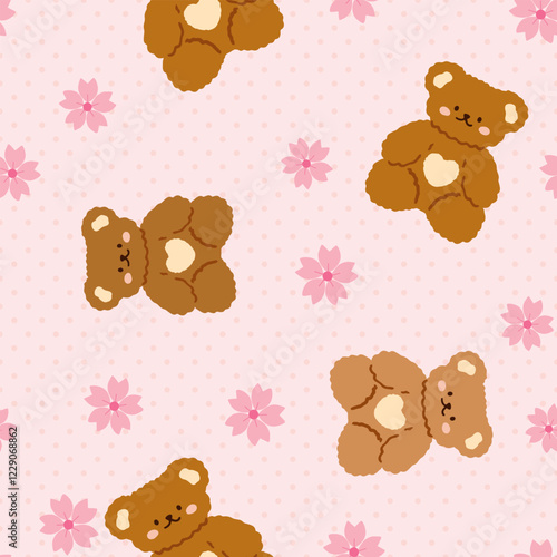 Korean teddy bear with sakura flowers on a pink pastel seamless pattern texture background with polka dots.