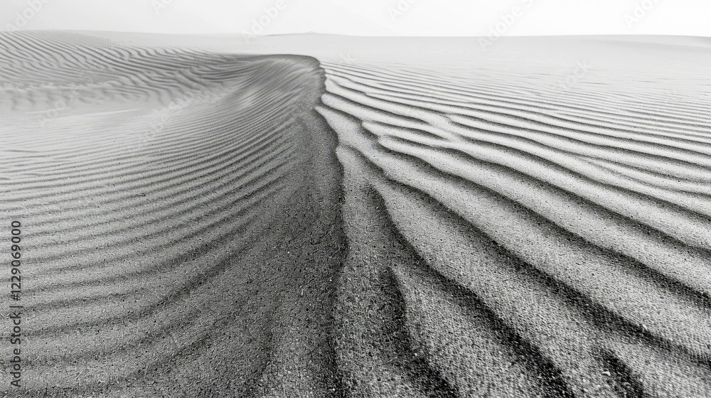 Fototapeta premium Black and white image of sand dunes with deep ripples in a desert, AI generated