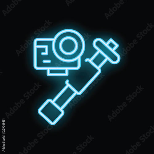 Blue neon icon of an action camera mounted on a selfie stick, perfect for representing adventure, vlogging, and travel