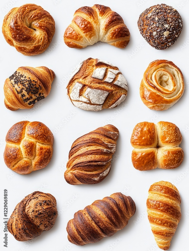 Assorted Fresh Baked Pastries Displayed on White Background Assorted Fresh Baked Pastries Displayed on White Background