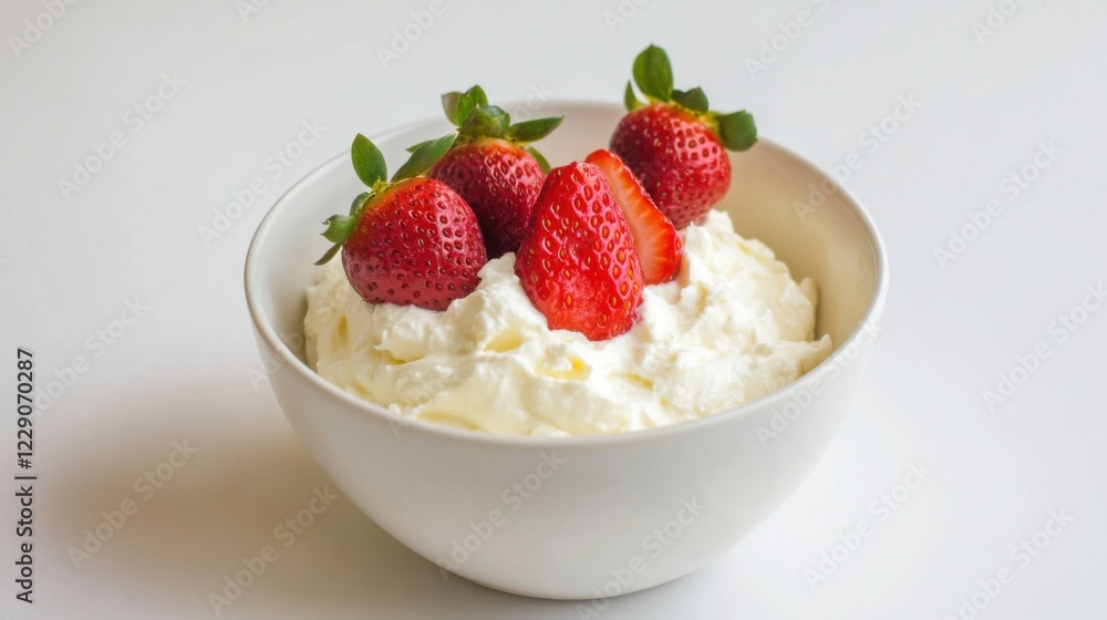 A minimalist bowl of plain ricotta cheese topped with a few fresh strawberries, served in a simple white ceramic bowl, Ricotta cheese centered A minimalist bowl of plain ricotta cheese topped with a few fresh strawberries, served in a simple white ceramic bowl, Ricotta cheese centered
