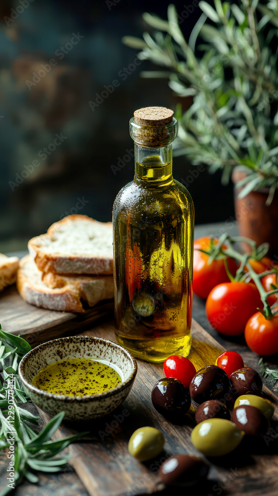 A bottle of olive oil on a rustic table. AI generative. A bottle of olive oil on a rustic table. AI generative.