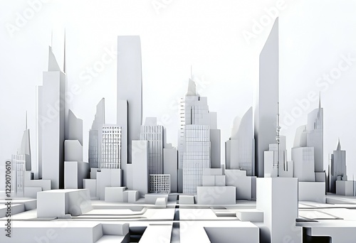 Modern city skyline using clean lines and geometric forms, with rectangular buildings and smooth, curved roads in a monochromatic color palette of grey, black, and white, AI generated