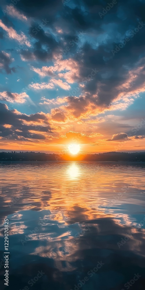 Fototapeta premium Beautiful sunset over a tranquil lake with dramatic clouds and vibrant reflections, capturing a serene and peaceful moment.