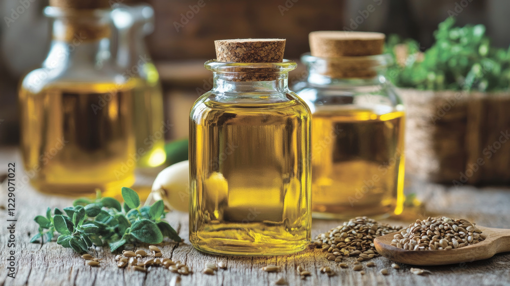 Fresh vegetable oils in glass jars with herbs and seeds on wooden table create rustic kitchen atmosphere. vibrant colors and natural elements evoke sense of health and wellness Fresh vegetable oils in glass jars with herbs and seeds on wooden table create rustic kitchen atmosphere. vibrant colors and natural elements evoke sense of health and wellness