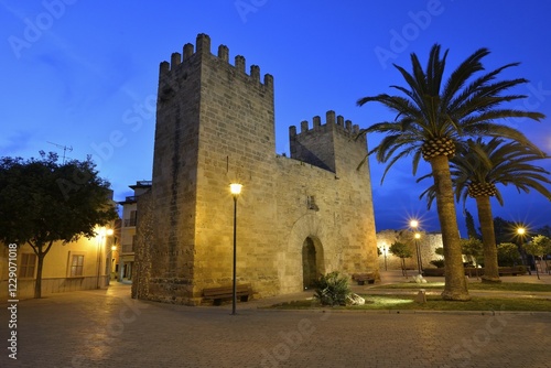 Porta de Moll city gate in the evening, Alcudia, Majorca, Balearic Islands, Spain, Europe photo