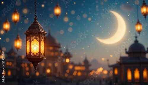 Starry Ramadan night with blue and gold mosque and glowing crescent moon