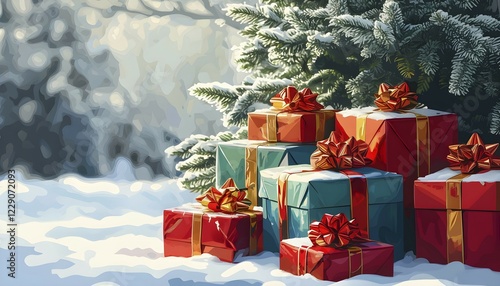 Abstract illustration of wrapped Christmas gifts, shiny ribbons and bows, stacked under a snow-dusted evergreen tree in a snowy outdoor setting, AI generated