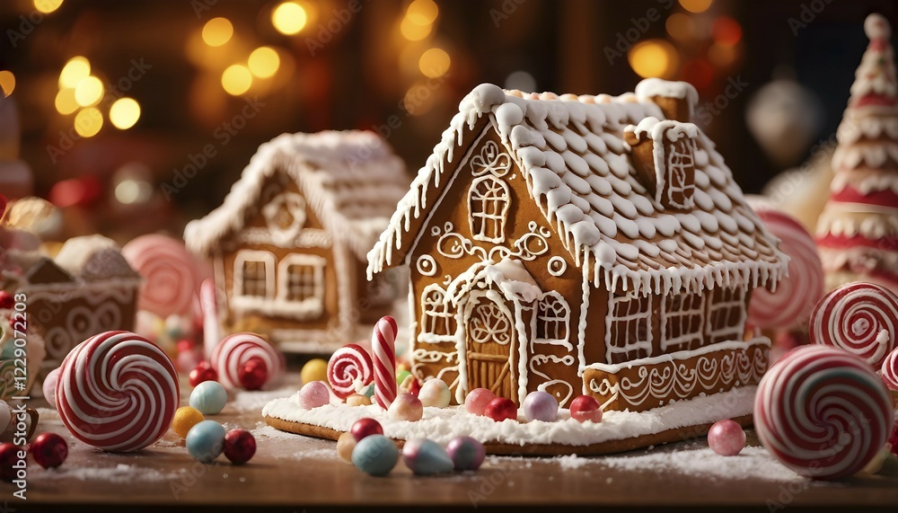 Gingerbread house decorations, focusing on the intricate icing details, colorful candy, and soft, warm light creating a cozy festive ambiance, AI generated Gingerbread house decorations, focusing on the intricate icing details, colorful candy, and soft, warm light creating a cozy festive ambiance, AI generated