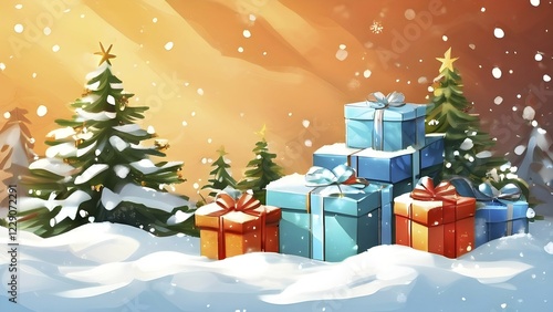 Abstract illustration of wrapped Christmas gifts, shiny ribbons and bows, stacked under a snow-dusted evergreen tree in a snowy outdoor setting, AI generated