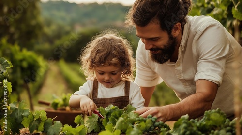 Wallpaper Mural A child learning to cut grapevines with a parent in a lush vineyard during a warm sunny day, symbolizing bonding and learning through nature Torontodigital.ca