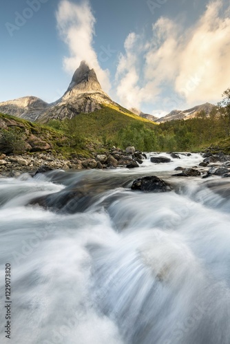 Stetind, Norwegian national mountain, in front torrent, Tysfjord, Ofoten, Nordland, Norway, Europe photo