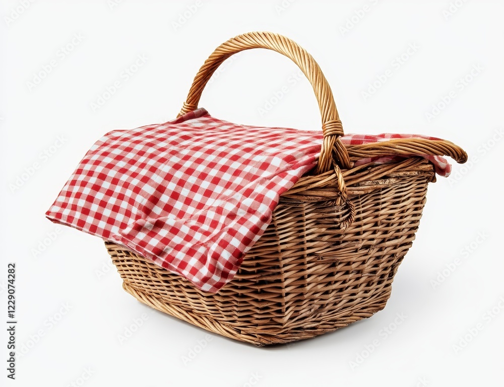 Wicker picnic basket with red checkered cloth. Wicker picnic basket with red checkered cloth.
