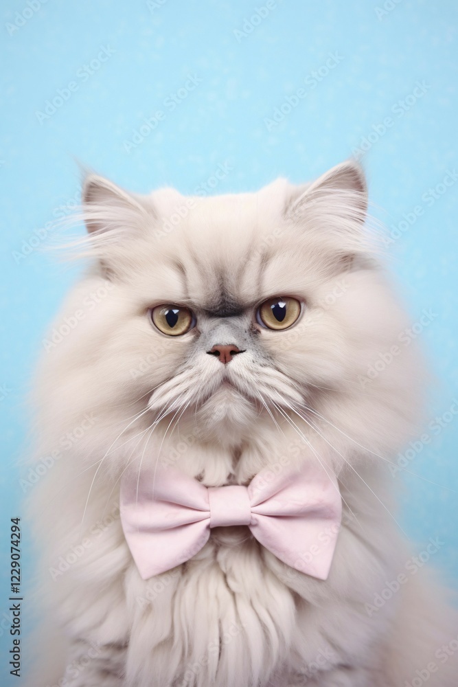 White persian cat with pink bowtie in front of pastel blue studio bakcground. KI generiert, generiert AI generated White persian cat with pink bowtie in front of pastel blue studio bakcground. KI generiert, generiert AI generated