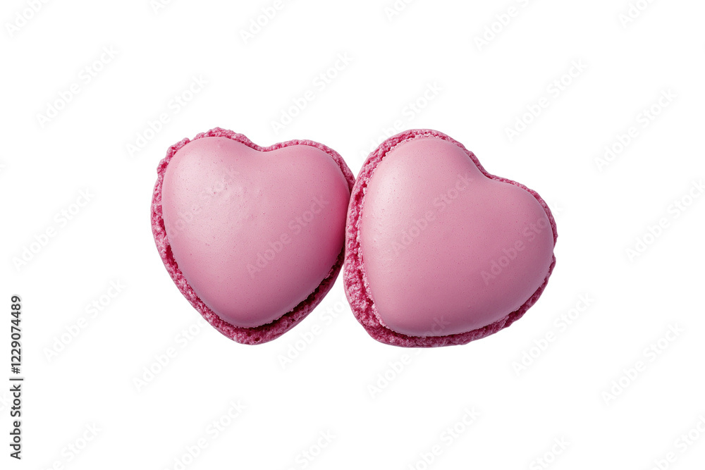 Two pink heart shaped macarons isolated on transparent background Generative Ai. Two pink heart shaped macarons isolated on transparent background Generative Ai.