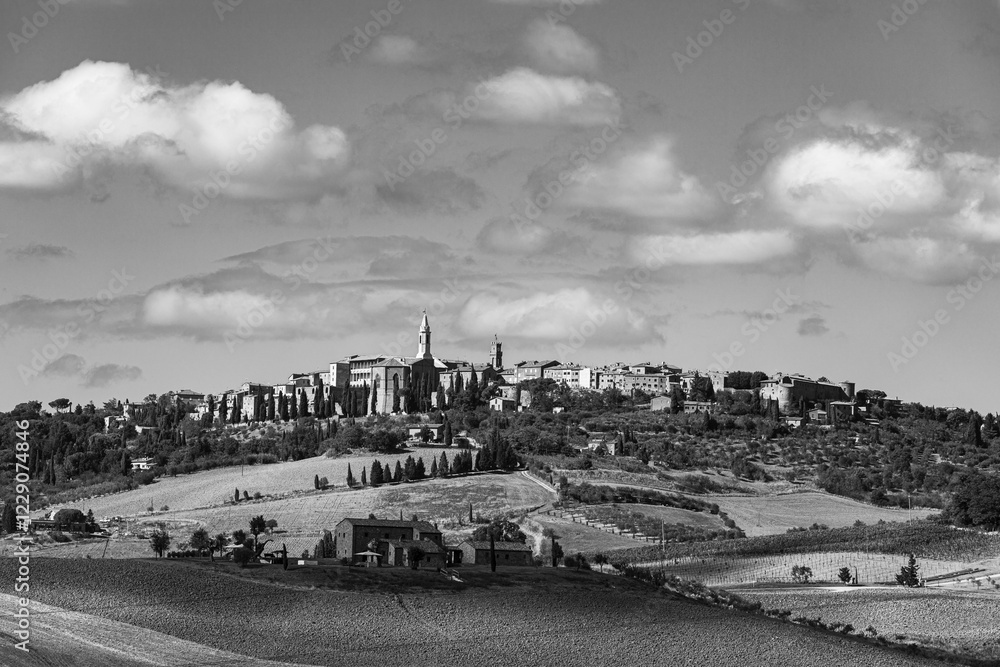 Panoramic view of Pienza, black and white photo, Pienza, Tuscany, Italy, Europe Panoramic view of Pienza, black and white photo, Pienza, Tuscany, Italy, Europe